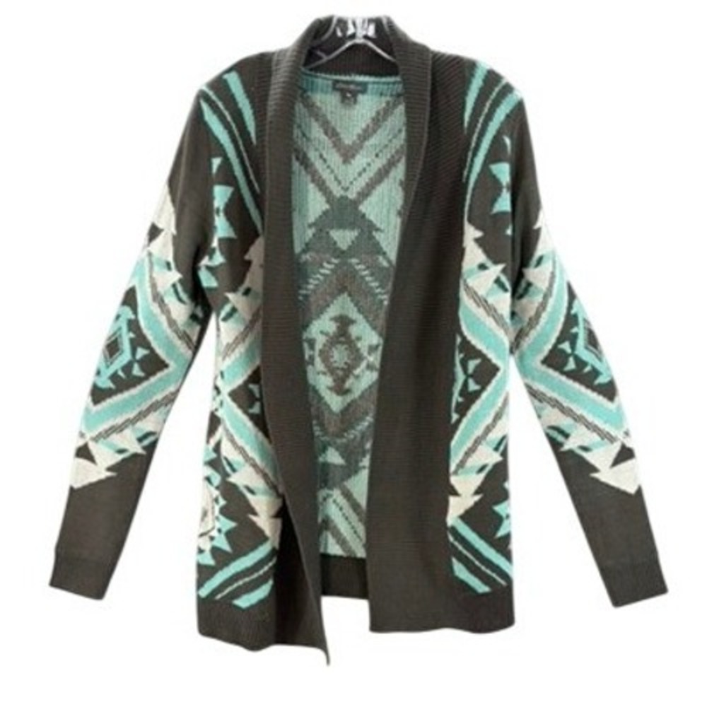 Eddie Bauer Cardigan Women S Grey Teal Aztec Southwestern Open Front Shawl
